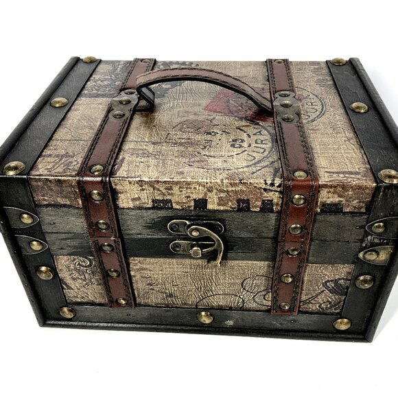 Vintage Wooden Treasure Chest with Leather & Bronze Accents Pirate Storage Box - Picture 1 of 10